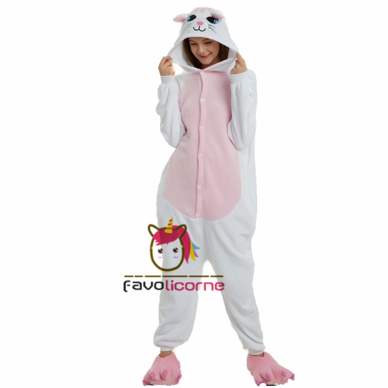 Femme Homme Combinaison Pyjama Chat Blanc Deguisement Kigurumi Favolicorne
