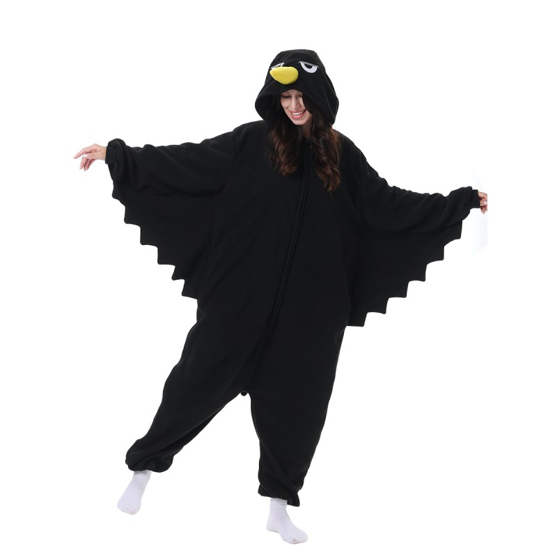 Costume Corbeau Onesie Adulte - Pyjama Déguisement - 100% Polyester Polaire - Fermeture éclair, Poches - Pour Halloween, Noël, Soirée Pyjama