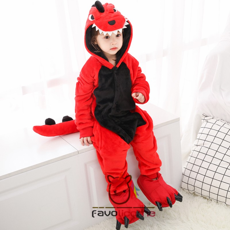 Combinaison Pyjama Enfants Rouge Dinosaure Capuche Garcon Fille Deguisement Kigurumi Deguisement Kigurumi Favolicorne