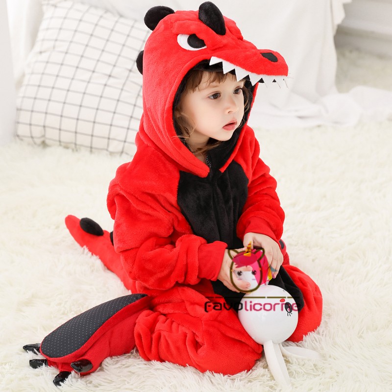 Combinaison Pyjama Enfants Rouge Dinosaure Capuche Gar on Fille