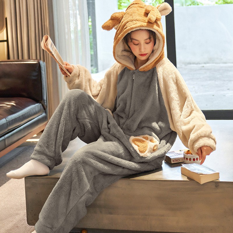 Pyjama Onesie en polaire moelleuse pour couple vetements de detente a capuche