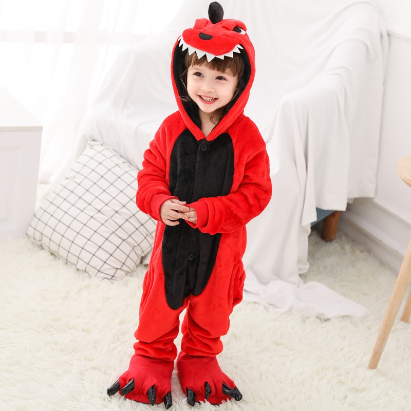 Combinaison Pyjama Enfants Rouge Dinosaure Capuche Garçon & Fille