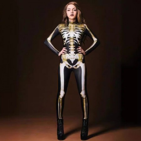 Combinaison Squelette Imprimée Numériquement Costume Moulant Halloween