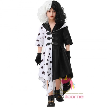 Costume de carnaval d'Halloween pour enfants déguisement de méchante Cruella avec gants