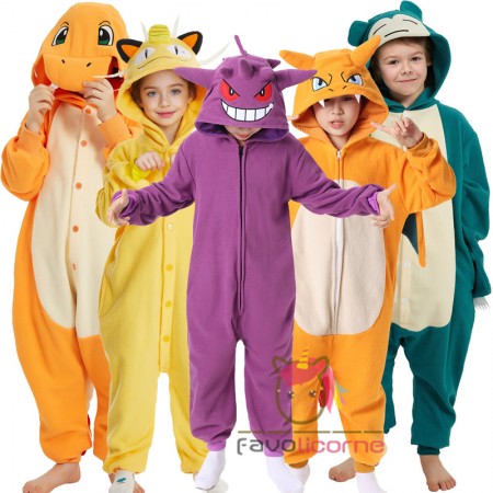 Costumes de famille Pokémon Pikachu & Snorlax & Evoli & Squirtle & Charizard & Bulbasaur et Ectoplasma & Meowth Combinaison de groupe d'Halloween pour enfants