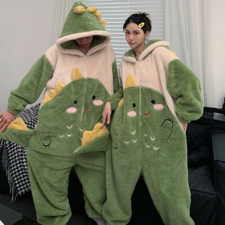 Combinaison pyjama une pièce mignonne avec fermeture éclair Dino pour couples