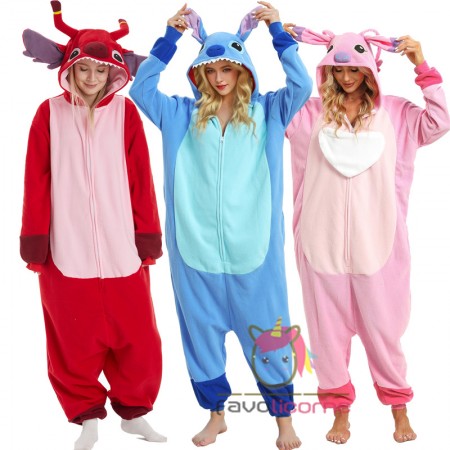 Lilo Stitch & Angel & Leroy Onesie Tenue de Cosplay Facile Costume de Groupe d'Halloween Costume de Fête de Famille Pour Femmes et Hommes Zippé