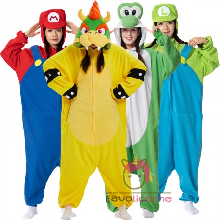 Costumes de personnages Mario pour adultes Yoshi/Bowser/Mario/Luigi Onesie Group Tenues d'Halloween Cosplay Party Wear